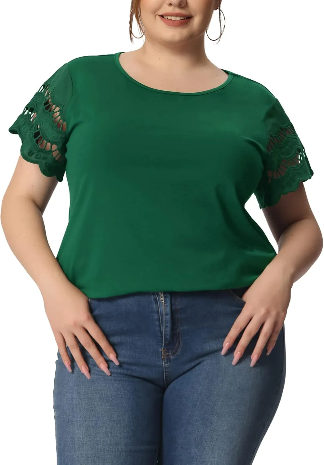 Agnes Orinda Plus Size Women's Tops Round Neck Lace Panel Hollow Short Sleeve Elegant Summer Blouses