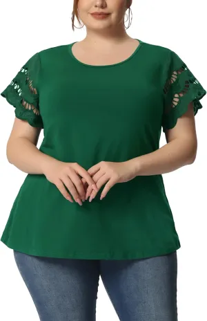 Agnes Orinda Plus Size Women's Tops Round Neck Lace Panel Hollow Short Sleeve Elegant Summer Blouses