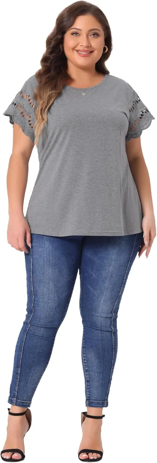 Agnes Orinda Plus Size Women's Tops Round Neck Lace Panel Hollow Short Sleeve Elegant Summer Blouses