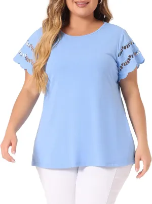 Agnes Orinda Plus Size Women's Tops Round Neck Lace Panel Hollow Short Sleeve Elegant Summer Blouses