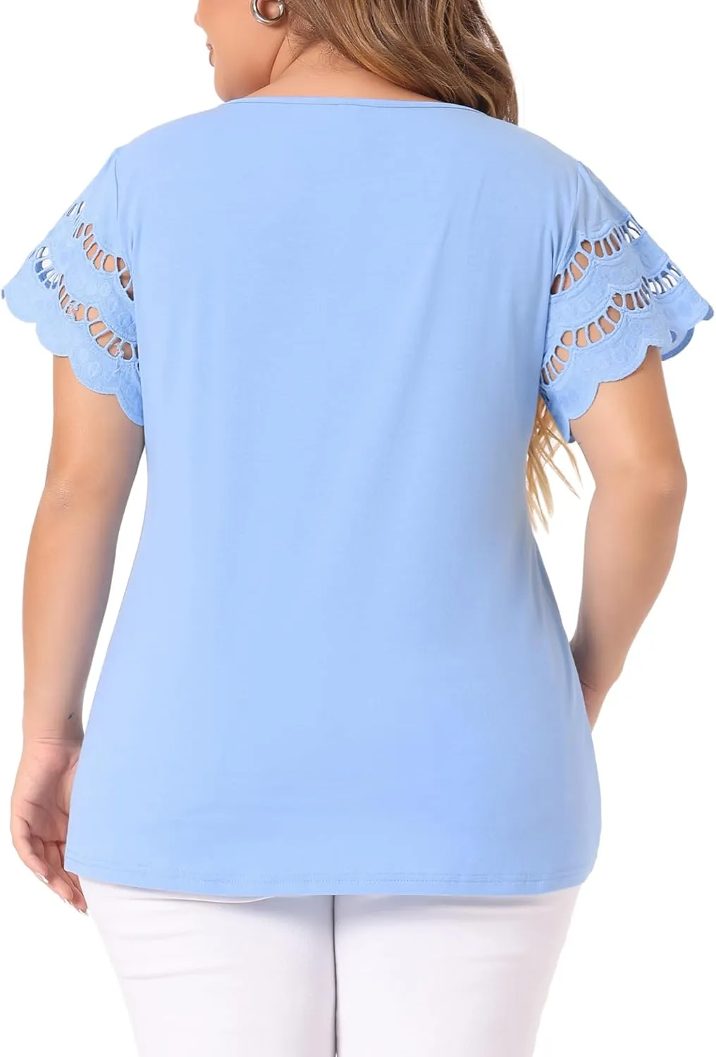 Agnes Orinda Plus Size Women's Tops Round Neck Lace Panel Hollow Short Sleeve Elegant Summer Blouses