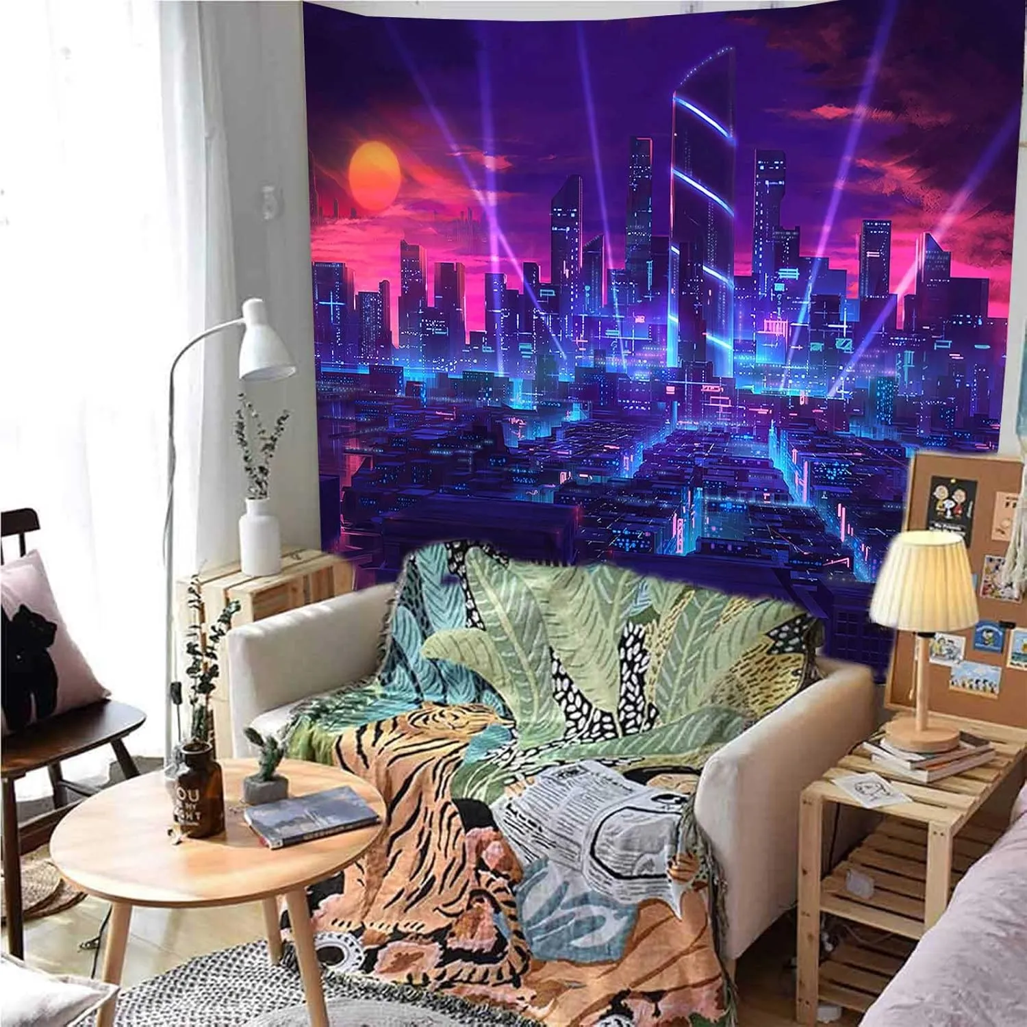 Aidatain City Tapestry Extra Large 90" 84" for Gifts Japanese Skyscraper Night View Futuristic Game Scene Wall Hanging Flannel Tapestries for Bedroom Living Room GTRLAT122