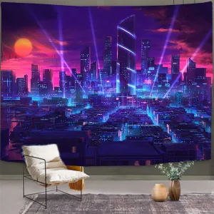 Aidatain City Tapestry Extra Large 90" 84" for Gifts Japanese Skyscraper Night View Futuristic Game Scene Wall Hanging Flannel Tapestries for Bedroom Living Room GTRLAT122