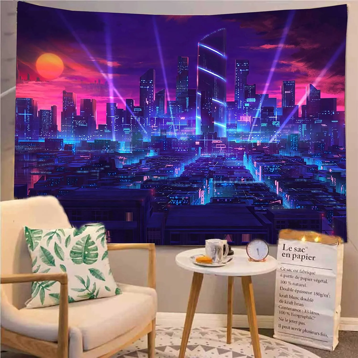 Aidatain City Tapestry Extra Large 90" 84" for Gifts Japanese Skyscraper Night View Futuristic Game Scene Wall Hanging Flannel Tapestries for Bedroom Living Room GTRLAT122