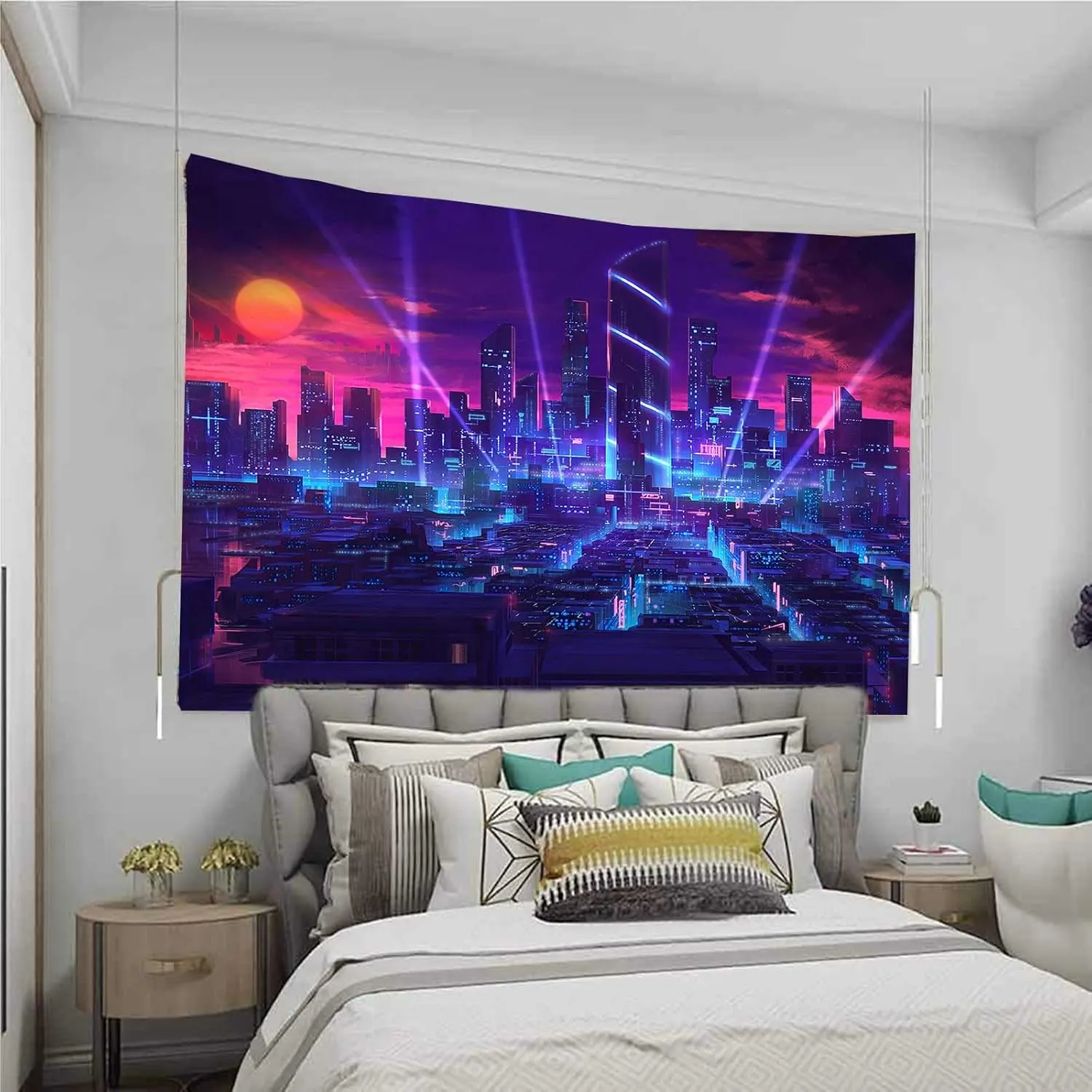 Aidatain City Tapestry Extra Large 90" 84" for Gifts Japanese Skyscraper Night View Futuristic Game Scene Wall Hanging Flannel Tapestries for Bedroom Living Room GTRLAT122