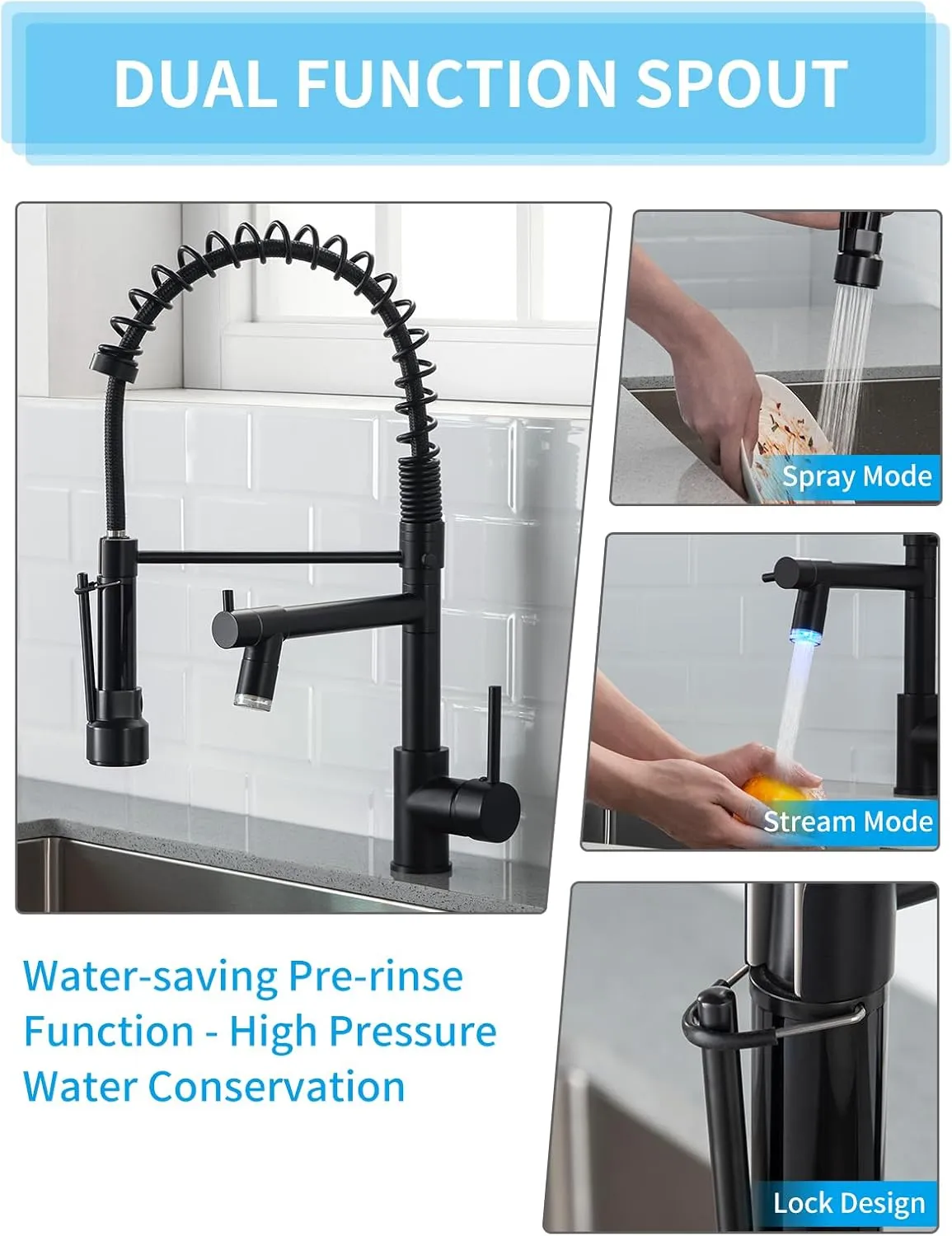 AIMADI Kitchen Faucet,Black Kitchen Faucet,Commercial Kitchen Faucet with Sprayer Single Handle Single Hole Spring Kitchen Sink Faucet,Matte Black