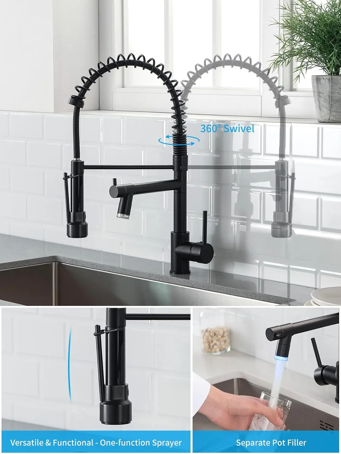 AIMADI Kitchen Faucet,Black Kitchen Faucet,Commercial Kitchen Faucet with Sprayer Single Handle Single Hole Spring Kitchen Sink Faucet,Matte Black