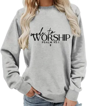 AirPlace Letter Prints Shirts for Women Long Sleeve Shirts Made to Worship Sweatshirts Cute Loose Women Blouse Tops 2024