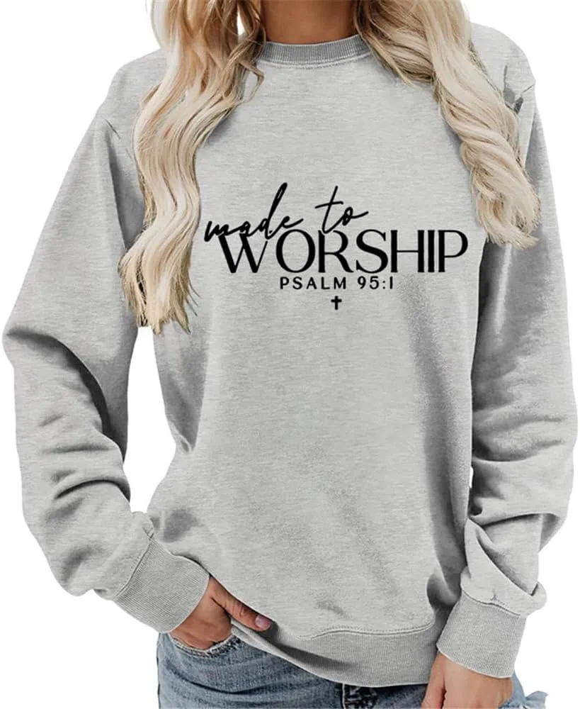 AirPlace Letter Prints Shirts for Women Long Sleeve Shirts Made to Worship Sweatshirts Cute Loose Women Blouse Tops 2024