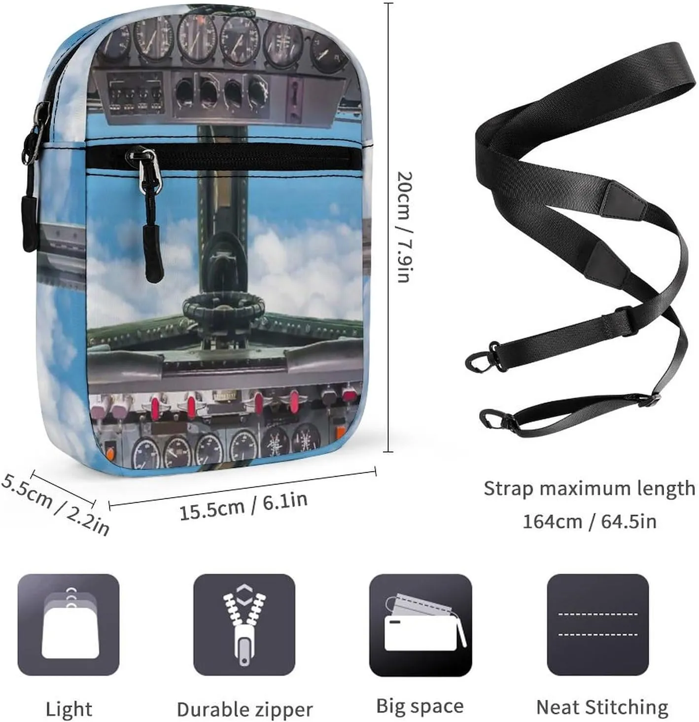 Airplane Cockpit View Blue Sky Outside Adjustable Fanny Waist Pack Pouch, Waterproof Crossbody Runners Bag Wallet for Gym Hiking Fitness Women Men 6.1 x 2.2 x 7.9 inch