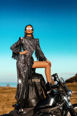 ALBINA DYLA SILVER/BLACK BEADED DRESS WITH SPLIT