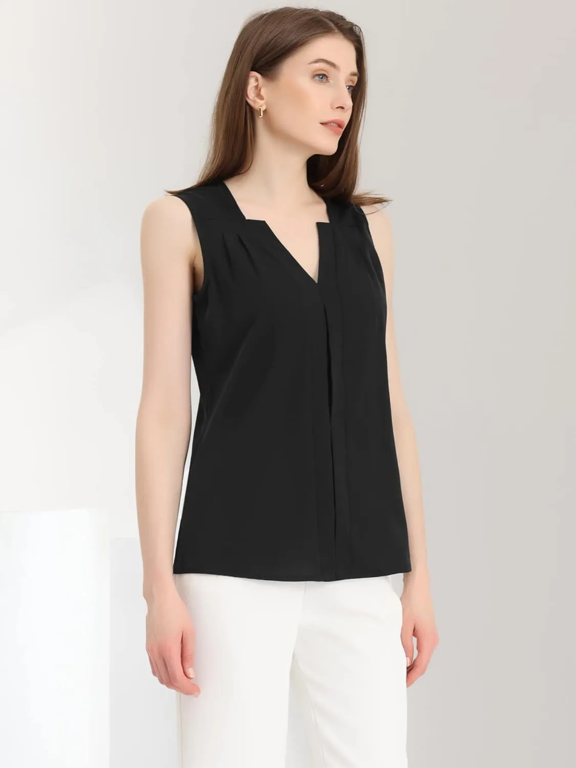 Allegra K Sleeveless Work Top for Women's Elegant Pleated V Neck Blouse Shirt Tank Top