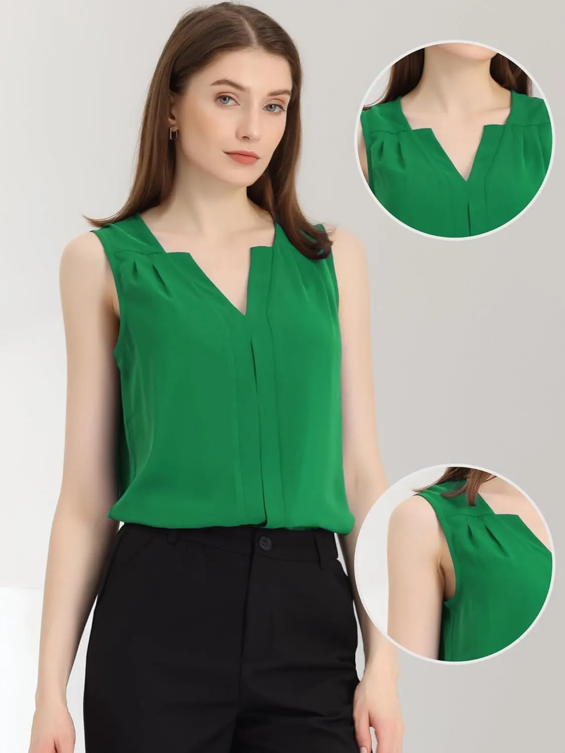 Allegra K Sleeveless Work Top for Women's Elegant Pleated V Neck Blouse Shirt Tank Top