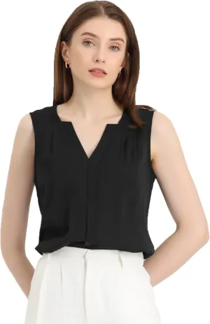 Allegra K Sleeveless Work Top for Women's Elegant Pleated V Neck Blouse Shirt Tank Top