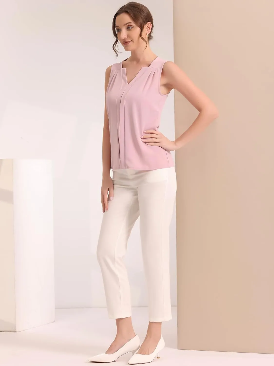 Allegra K Sleeveless Work Top for Women's Elegant Pleated V Neck Blouse Shirt Tank Top
