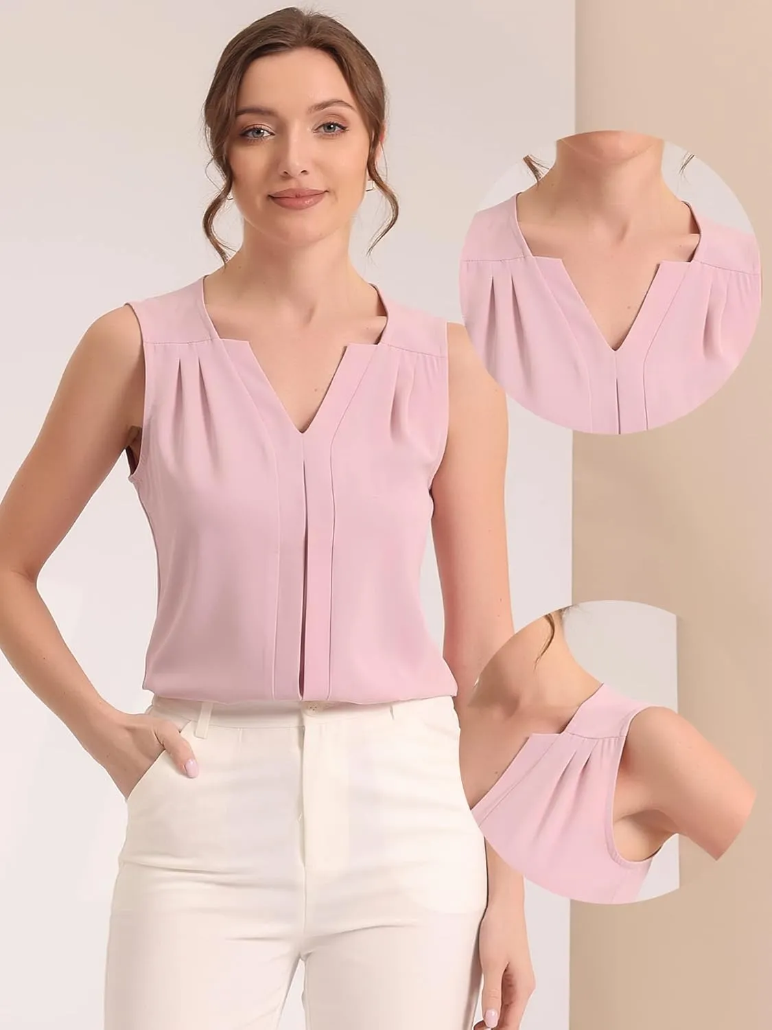 Allegra K Sleeveless Work Top for Women's Elegant Pleated V Neck Blouse Shirt Tank Top