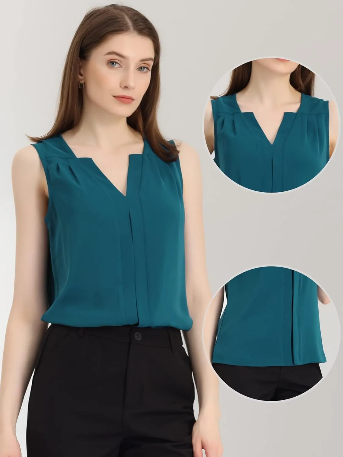 Allegra K Sleeveless Work Top for Women's Elegant Pleated V Neck Blouse Shirt Tank Top