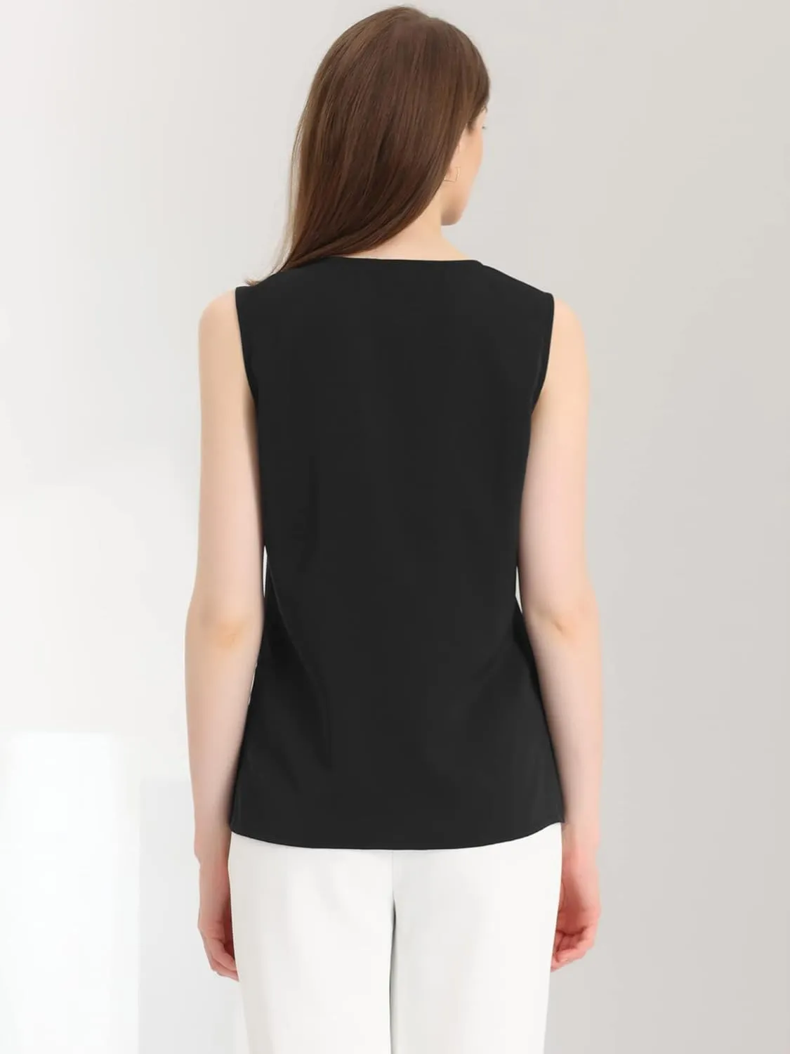 Allegra K Sleeveless Work Top for Women's Elegant Pleated V Neck Blouse Shirt Tank Top