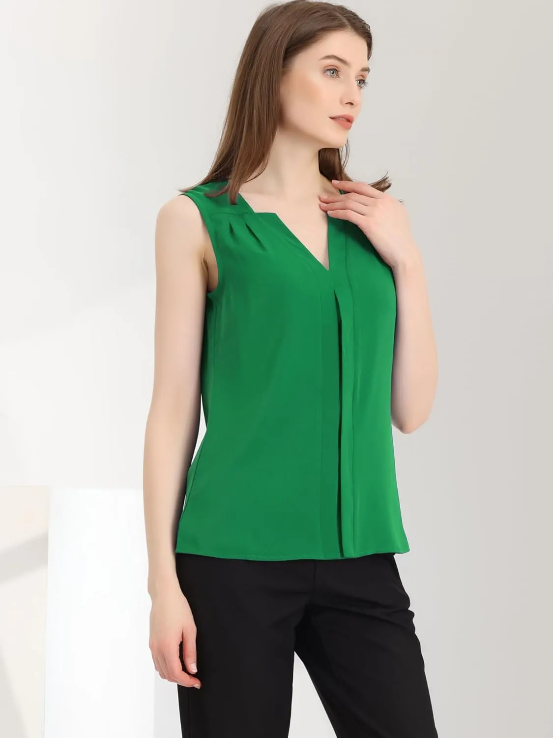 Allegra K Sleeveless Work Top for Women's Elegant Pleated V Neck Blouse Shirt Tank Top