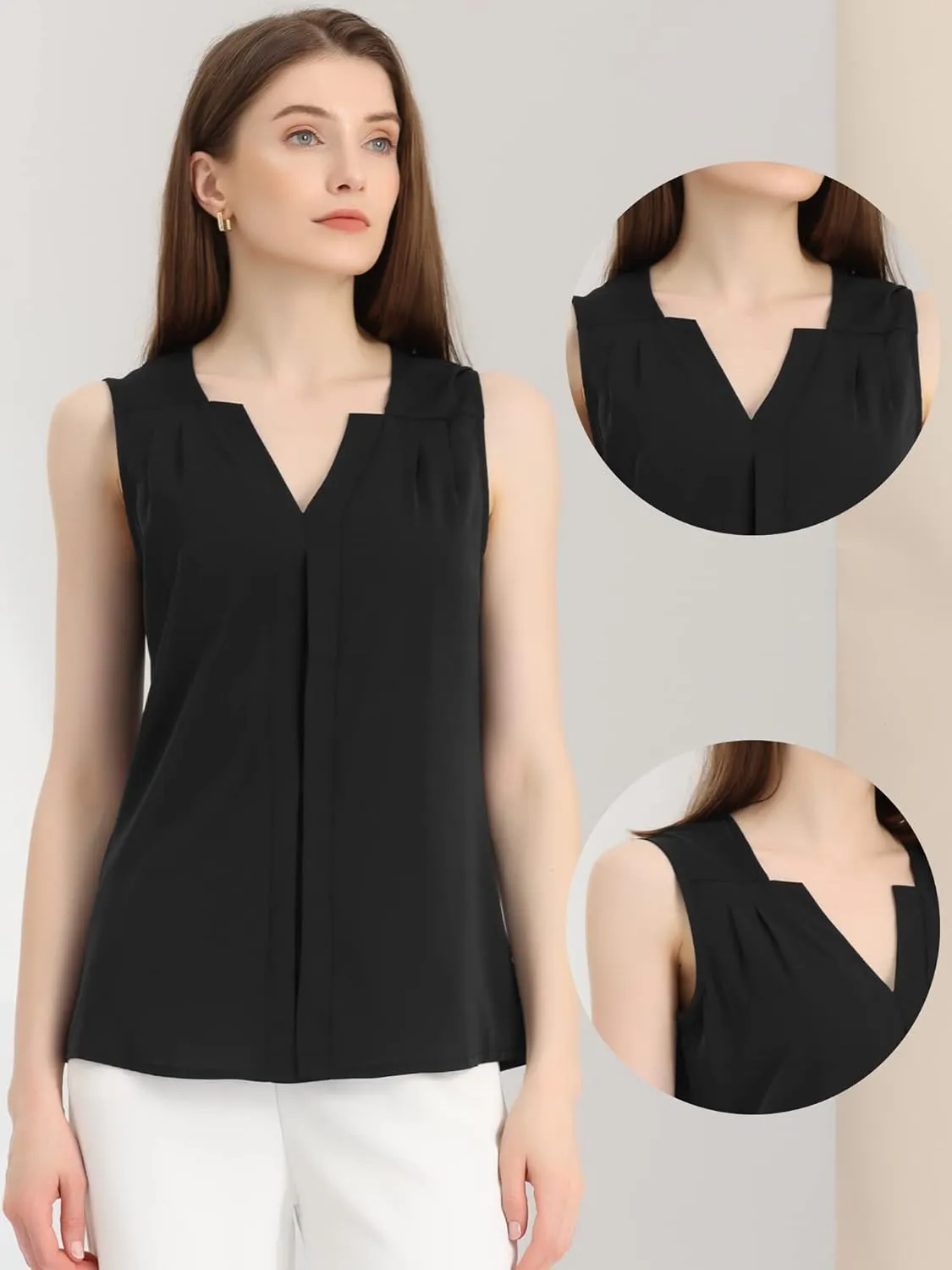 Allegra K Sleeveless Work Top for Women's Elegant Pleated V Neck Blouse Shirt Tank Top