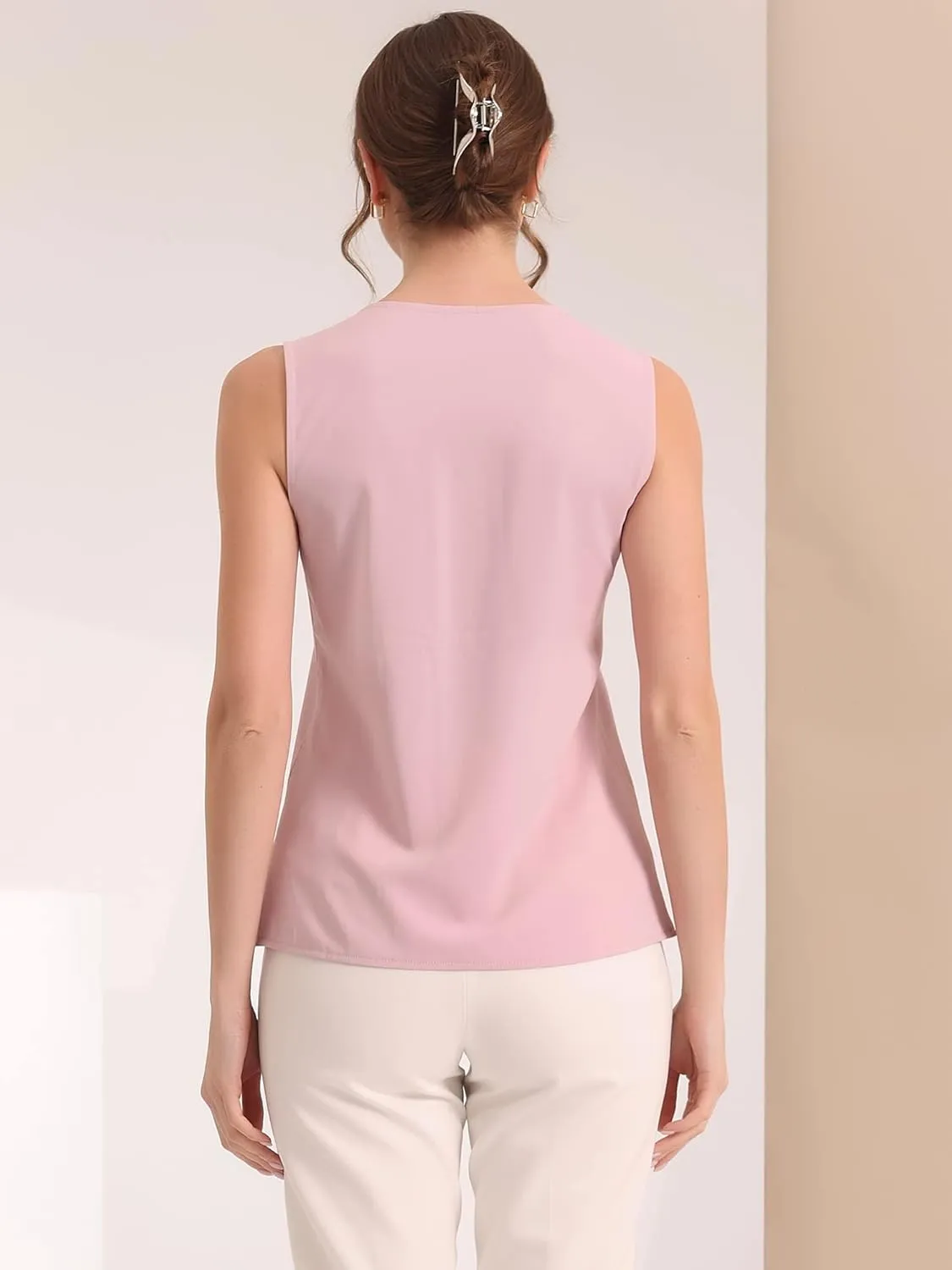 Allegra K Sleeveless Work Top for Women's Elegant Pleated V Neck Blouse Shirt Tank Top