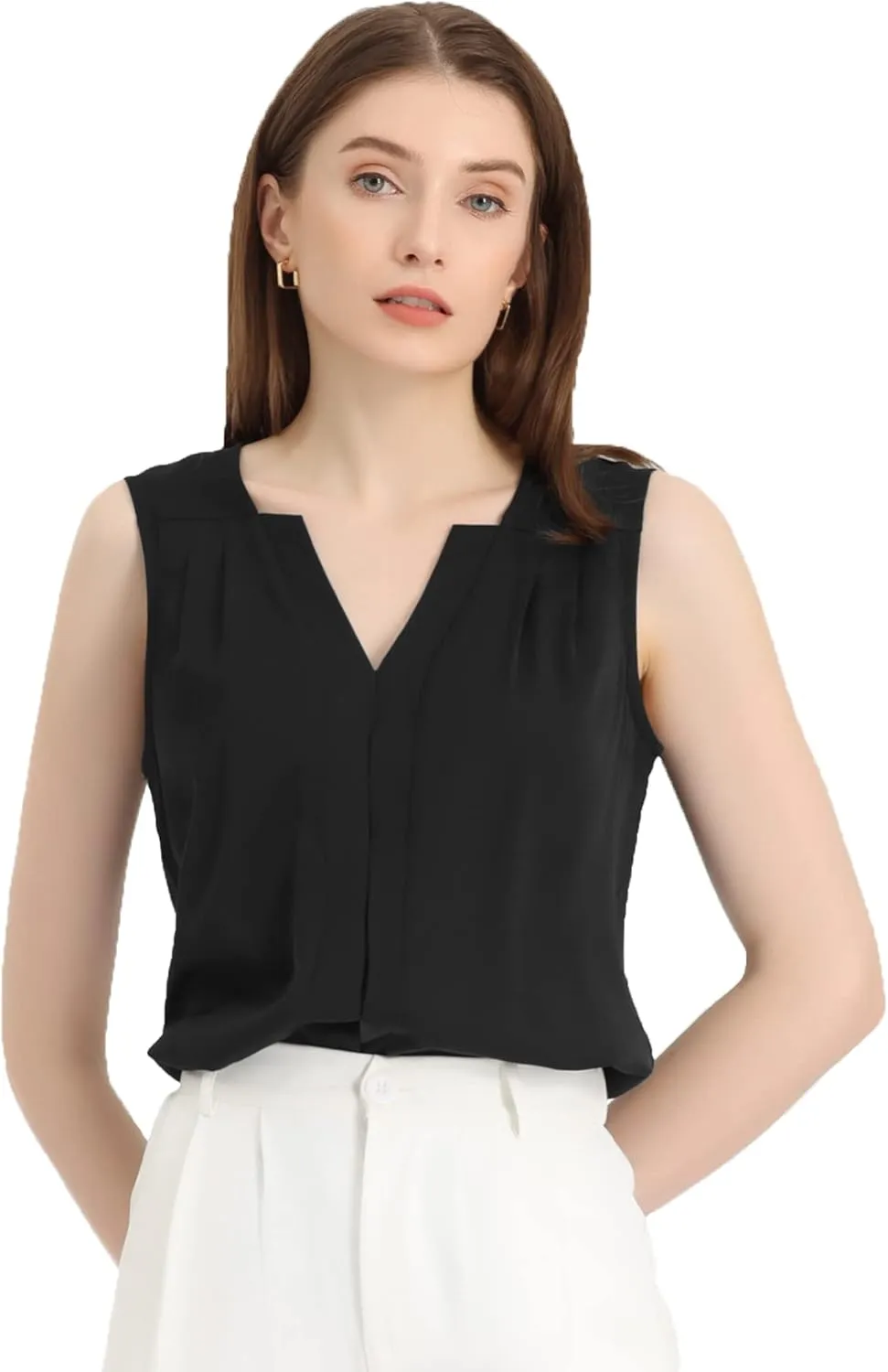 Allegra K Sleeveless Work Top for Women's Elegant Pleated V Neck Blouse Shirt Tank Top