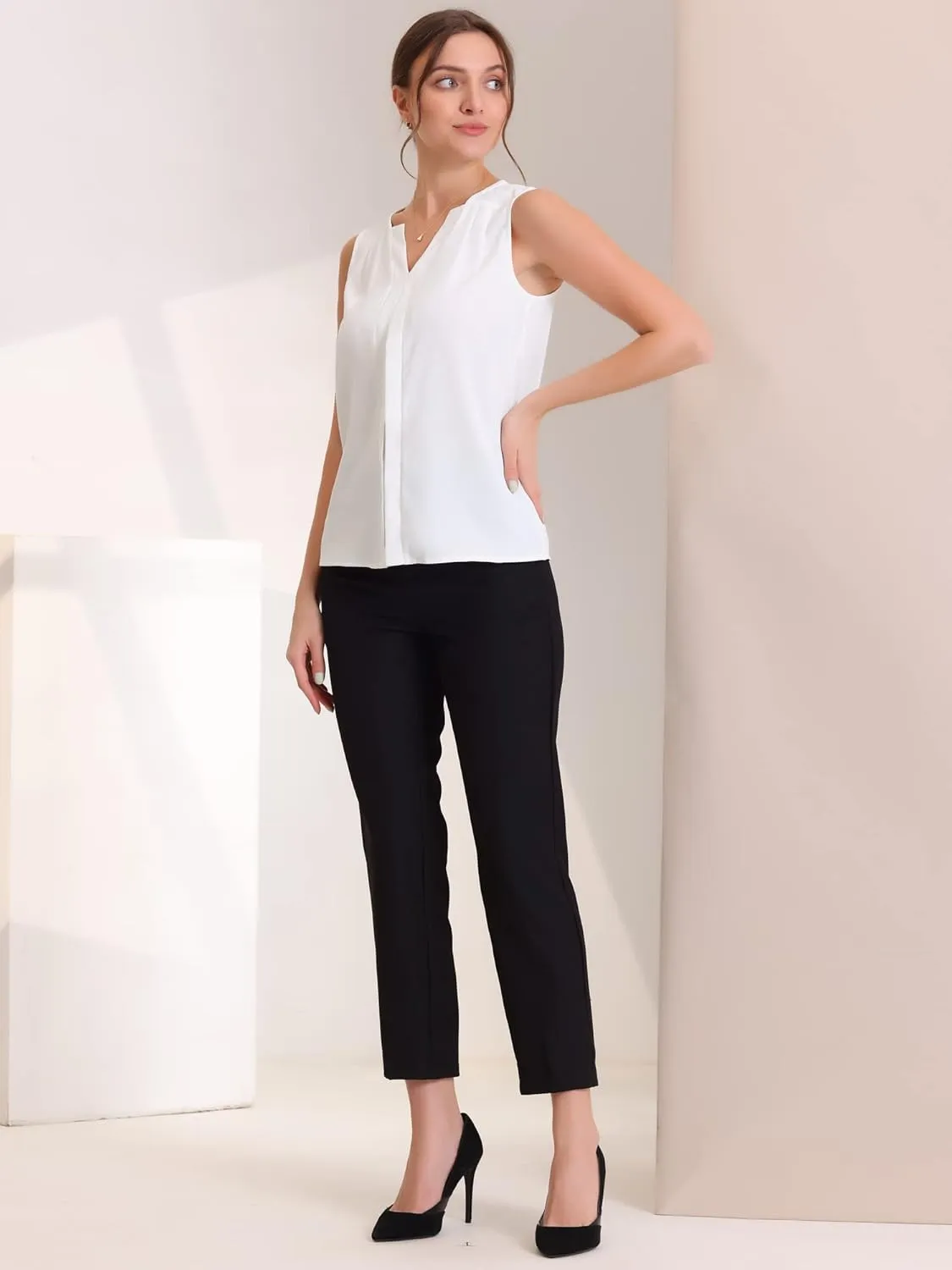 Allegra K Sleeveless Work Top for Women's Elegant Pleated V Neck Blouse Shirt Tank Top