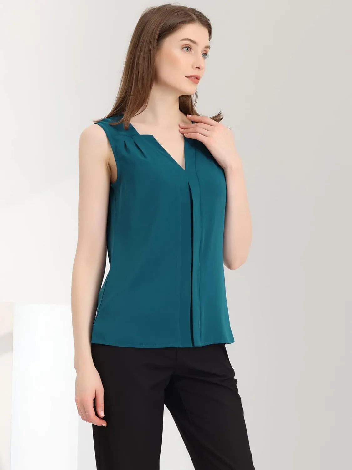 Allegra K Sleeveless Work Top for Women's Elegant Pleated V Neck Blouse Shirt Tank Top