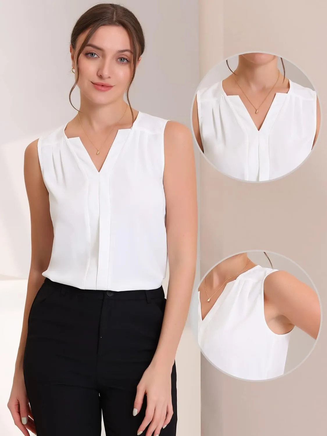 Allegra K Sleeveless Work Top for Women's Elegant Pleated V Neck Blouse Shirt Tank Top