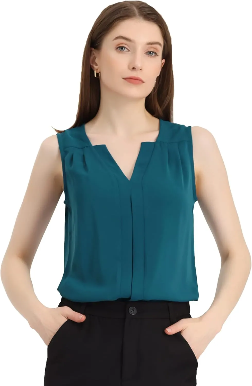 Allegra K Sleeveless Work Top for Women's Elegant Pleated V Neck Blouse Shirt Tank Top