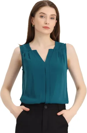 Allegra K Sleeveless Work Top for Women's Elegant Pleated V Neck Blouse Shirt Tank Top