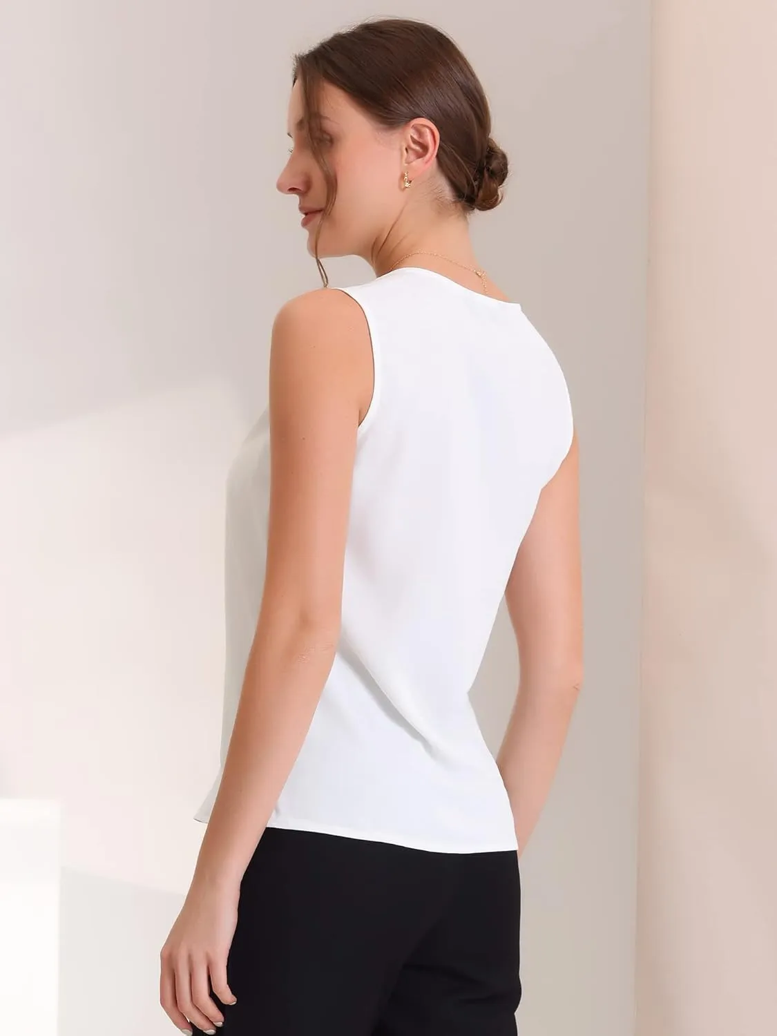 Allegra K Sleeveless Work Top for Women's Elegant Pleated V Neck Blouse Shirt Tank Top