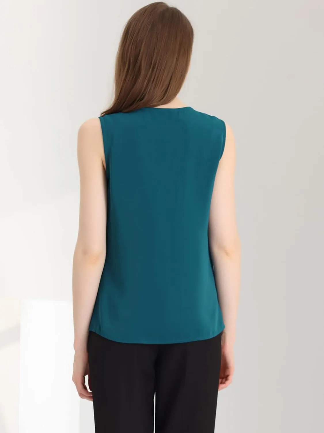Allegra K Sleeveless Work Top for Women's Elegant Pleated V Neck Blouse Shirt Tank Top