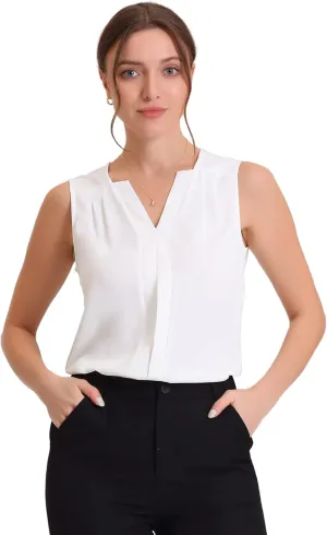 Allegra K Sleeveless Work Top for Women's Elegant Pleated V Neck Blouse Shirt Tank Top