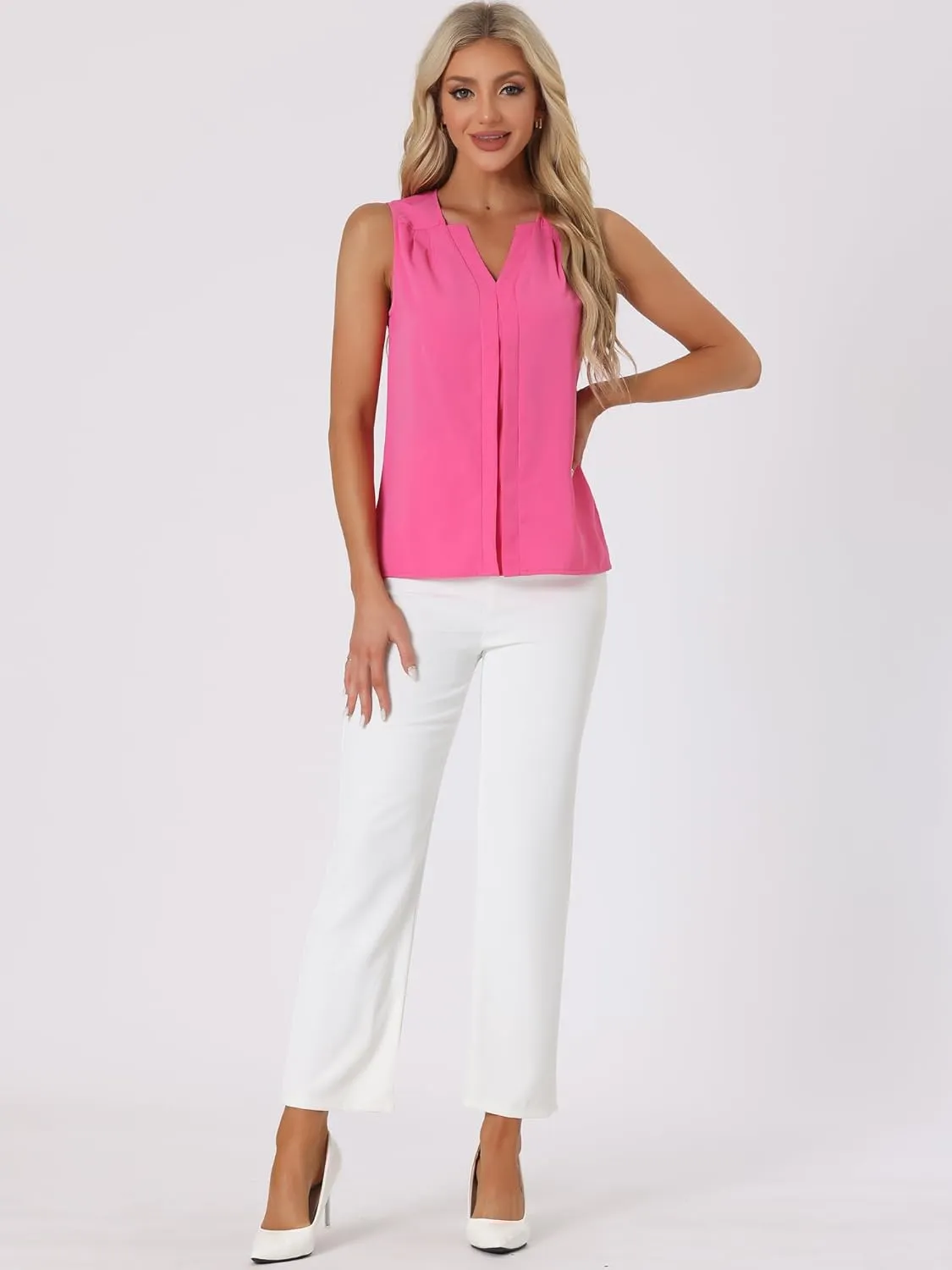 Allegra K Sleeveless Work Top for Women's Elegant Pleated V Neck Blouse Shirt Tank Top