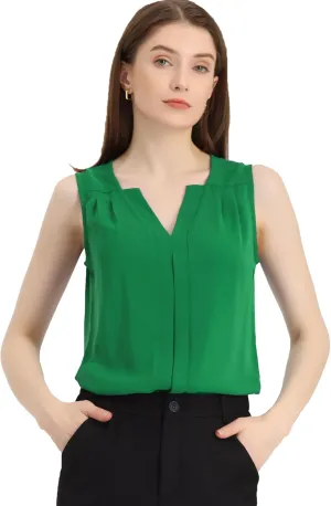 Allegra K Sleeveless Work Top for Women's Elegant Pleated V Neck Blouse Shirt Tank Top