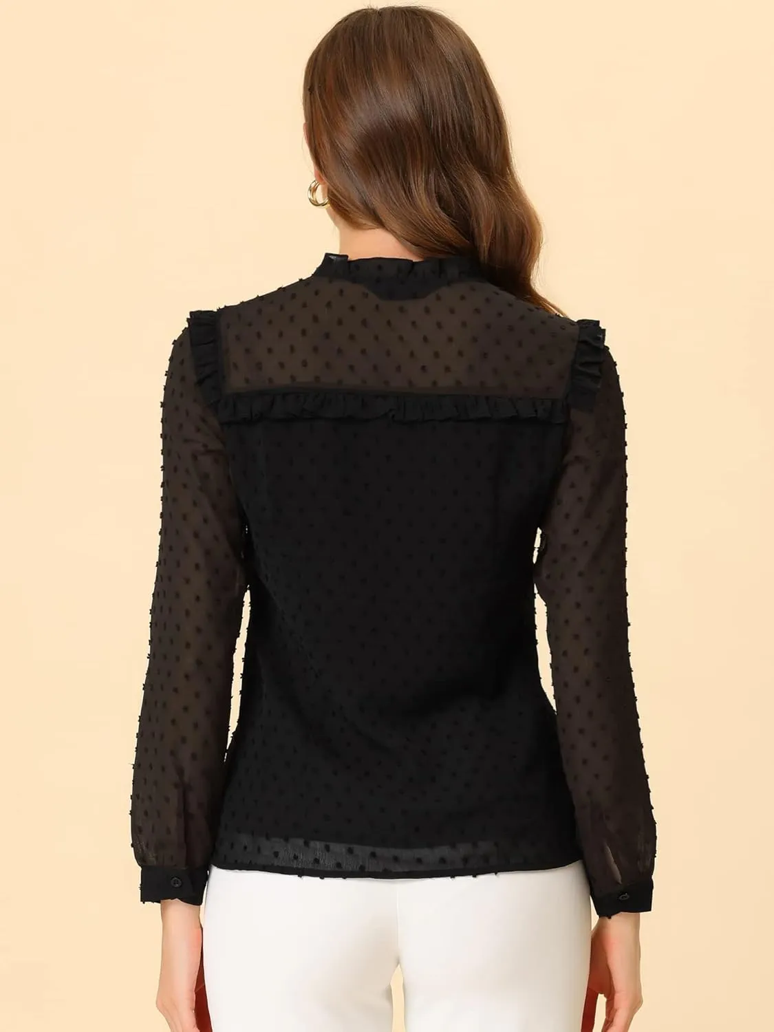 Allegra K Women's Elegant Blouse Long Sleeve Ruffled Swiss Dots Chiffon Work Office Shirt Top