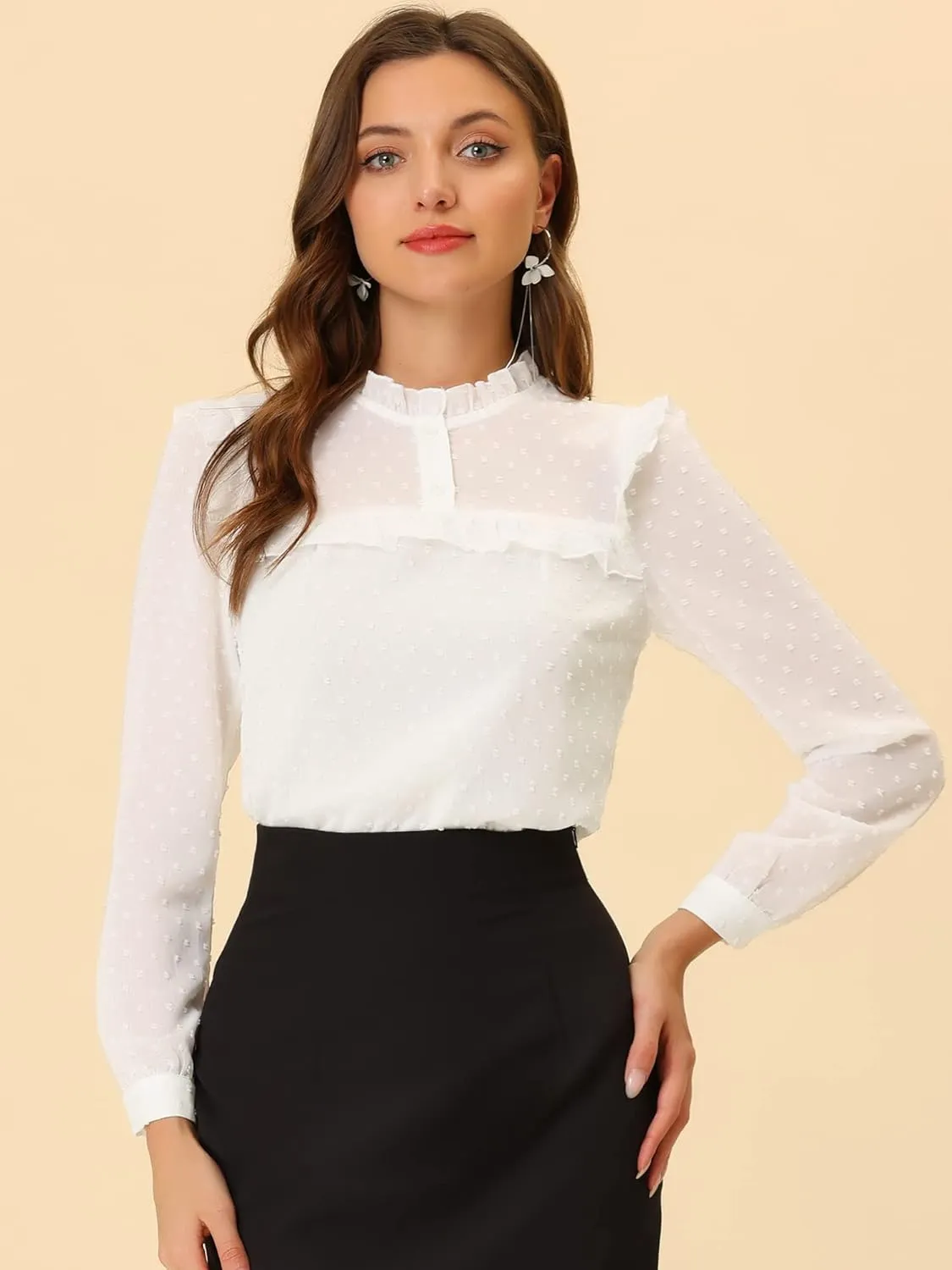 Allegra K Women's Elegant Blouse Long Sleeve Ruffled Swiss Dots Chiffon Work Office Shirt Top