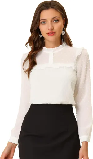 Allegra K Women's Elegant Blouse Long Sleeve Ruffled Swiss Dots Chiffon Work Office Shirt Top