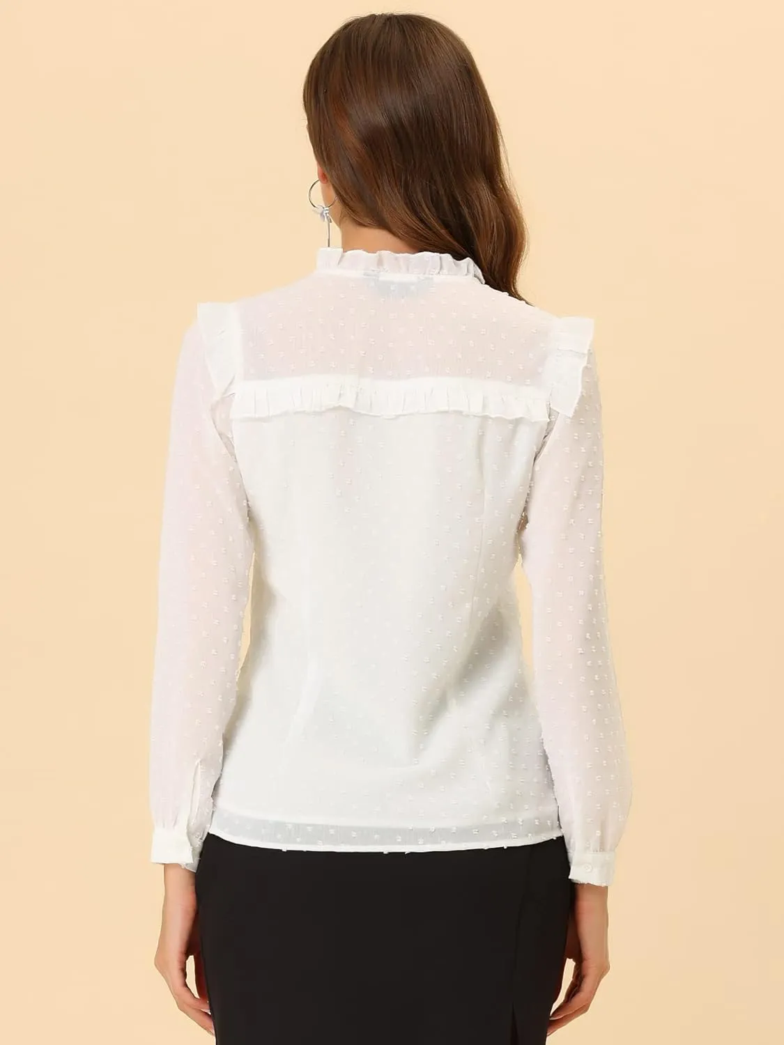 Allegra K Women's Elegant Blouse Long Sleeve Ruffled Swiss Dots Chiffon Work Office Shirt Top