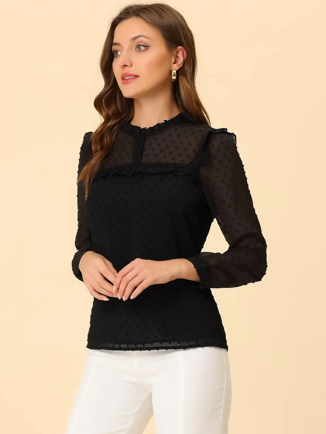 Allegra K Women's Elegant Blouse Long Sleeve Ruffled Swiss Dots Chiffon Work Office Shirt Top