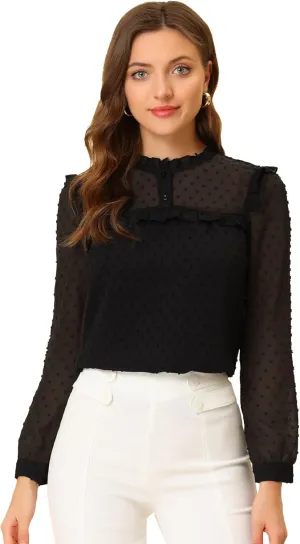 Allegra K Women's Elegant Blouse Long Sleeve Ruffled Swiss Dots Chiffon Work Office Shirt Top