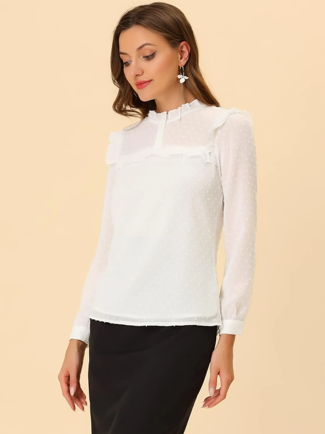 Allegra K Women's Elegant Blouse Long Sleeve Ruffled Swiss Dots Chiffon Work Office Shirt Top