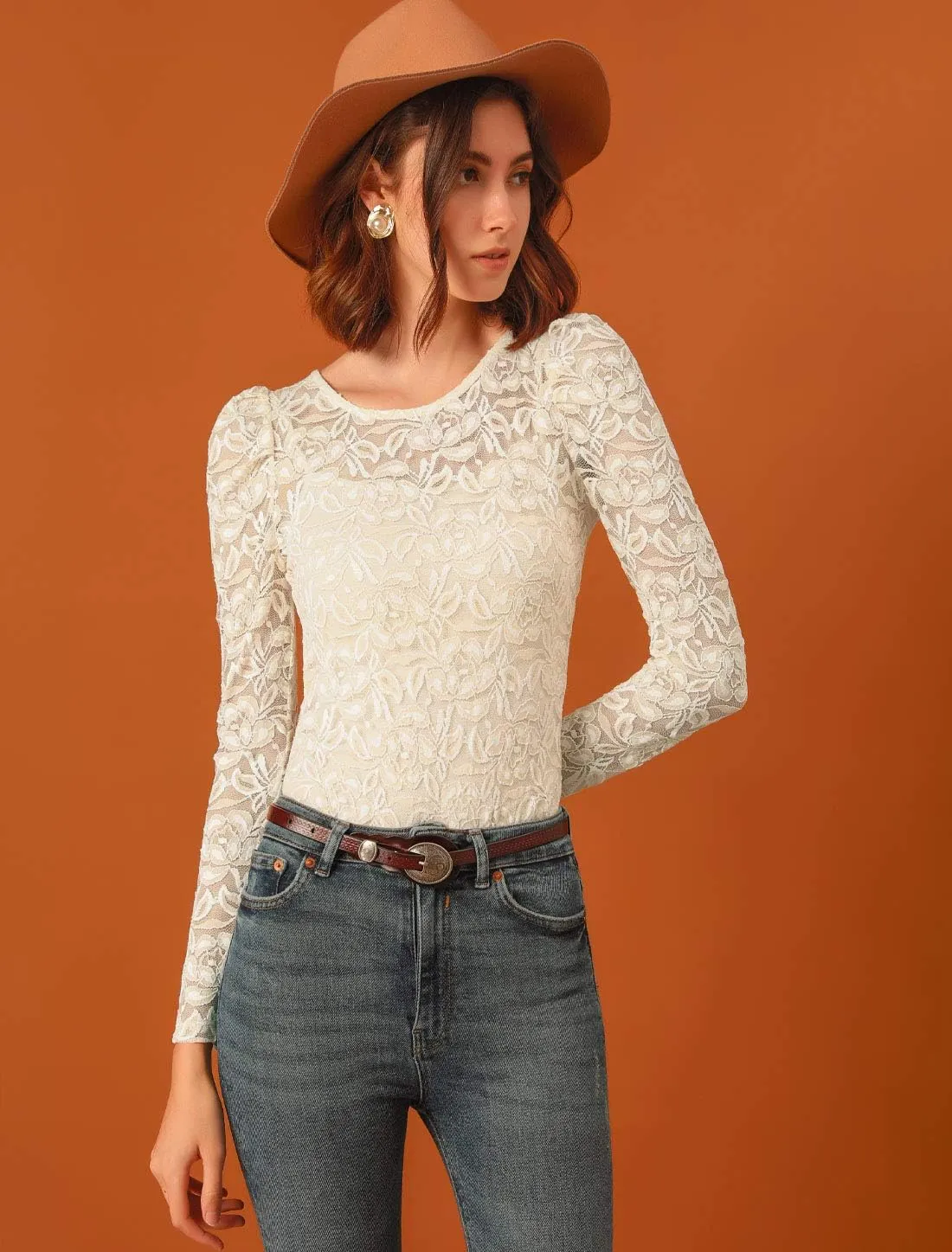 Allegra K Women's Long Sleeve Lace Top Mesh Sheer Fitted Elegant Blouse