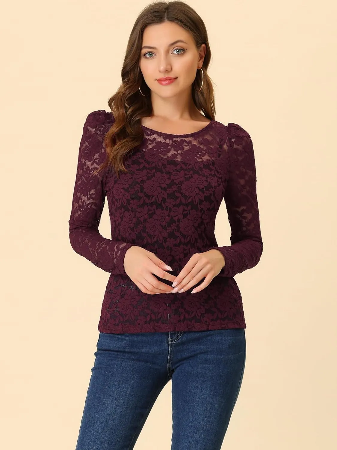 Allegra K Women's Long Sleeve Lace Top Mesh Sheer Fitted Elegant Blouse