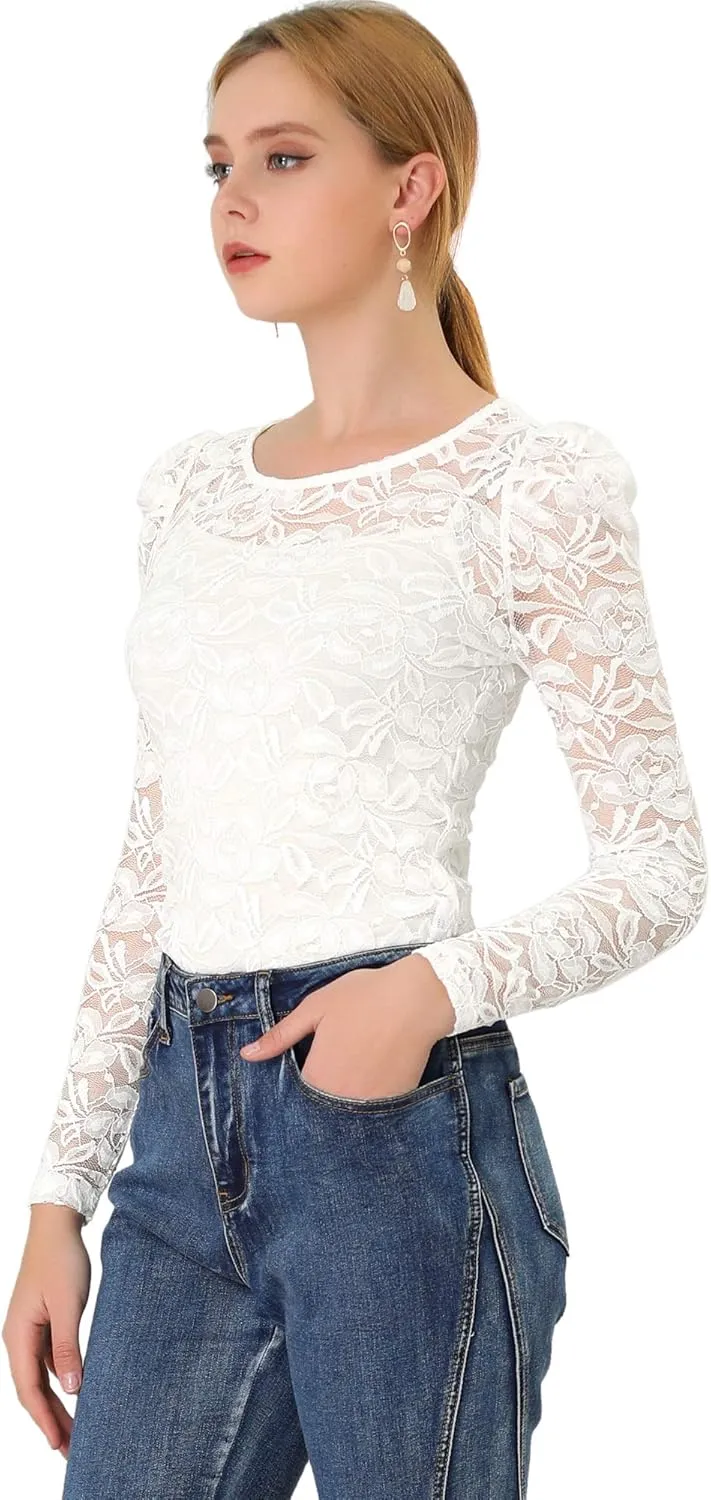Allegra K Women's Long Sleeve Lace Top Mesh Sheer Fitted Elegant Blouse