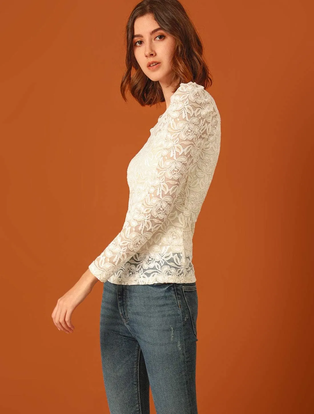 Allegra K Women's Long Sleeve Lace Top Mesh Sheer Fitted Elegant Blouse