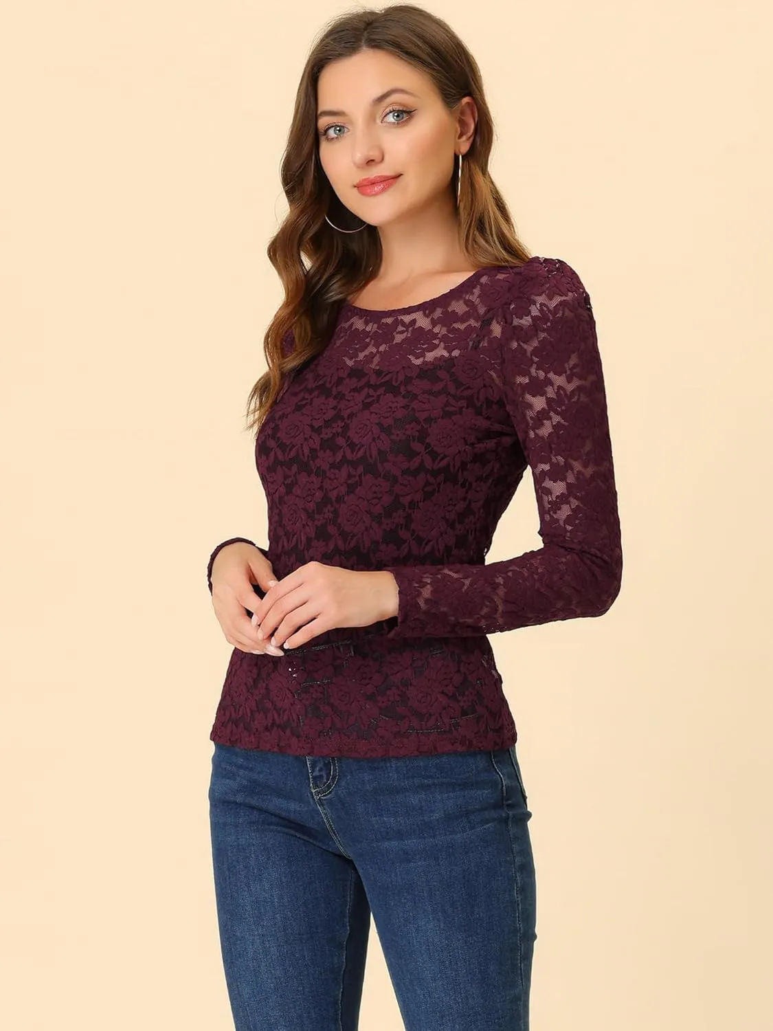 Allegra K Women's Long Sleeve Lace Top Mesh Sheer Fitted Elegant Blouse