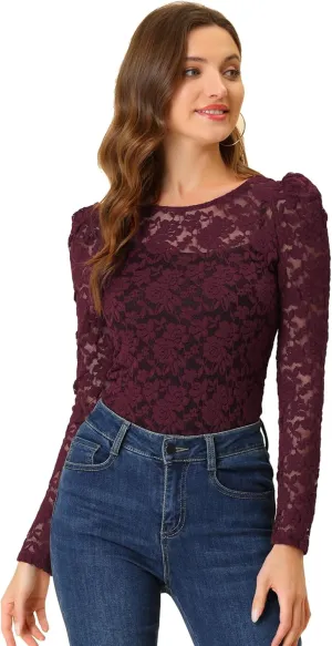 Allegra K Women's Long Sleeve Lace Top Mesh Sheer Fitted Elegant Blouse