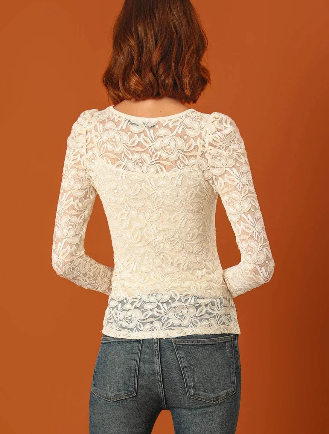 Allegra K Women's Long Sleeve Lace Top Mesh Sheer Fitted Elegant Blouse